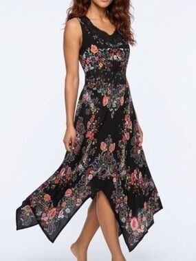 Bila Black Floral Midi Dress Boho Gauze Handkerchief Hem Crochet XL Dark Moody